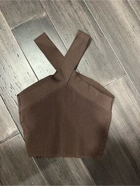 Brown Ribbed Cross‑Strap Aritzia Crop Top